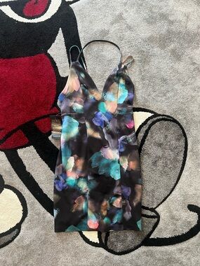 bebe Black Floral-Print Mini Slip Dress with Teal & Purple Accents